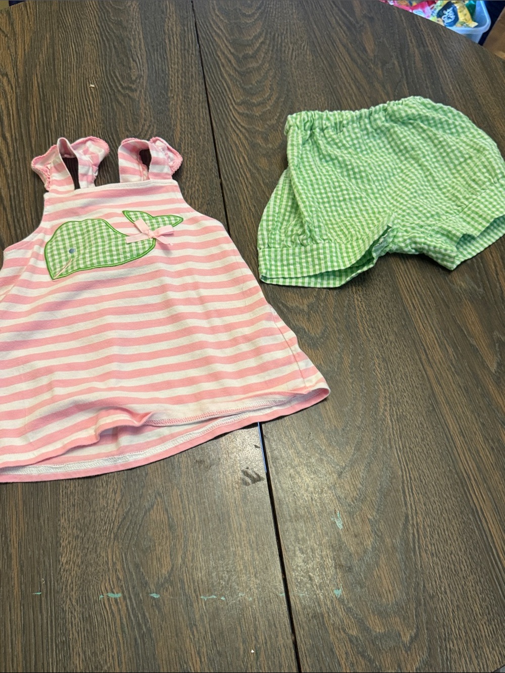 Pink & White Striped Whale Tank with Green Seersucker Shorts